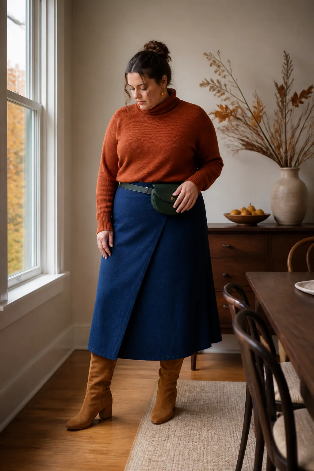 Sapphire Wrap Skirt with Rust Turtleneck