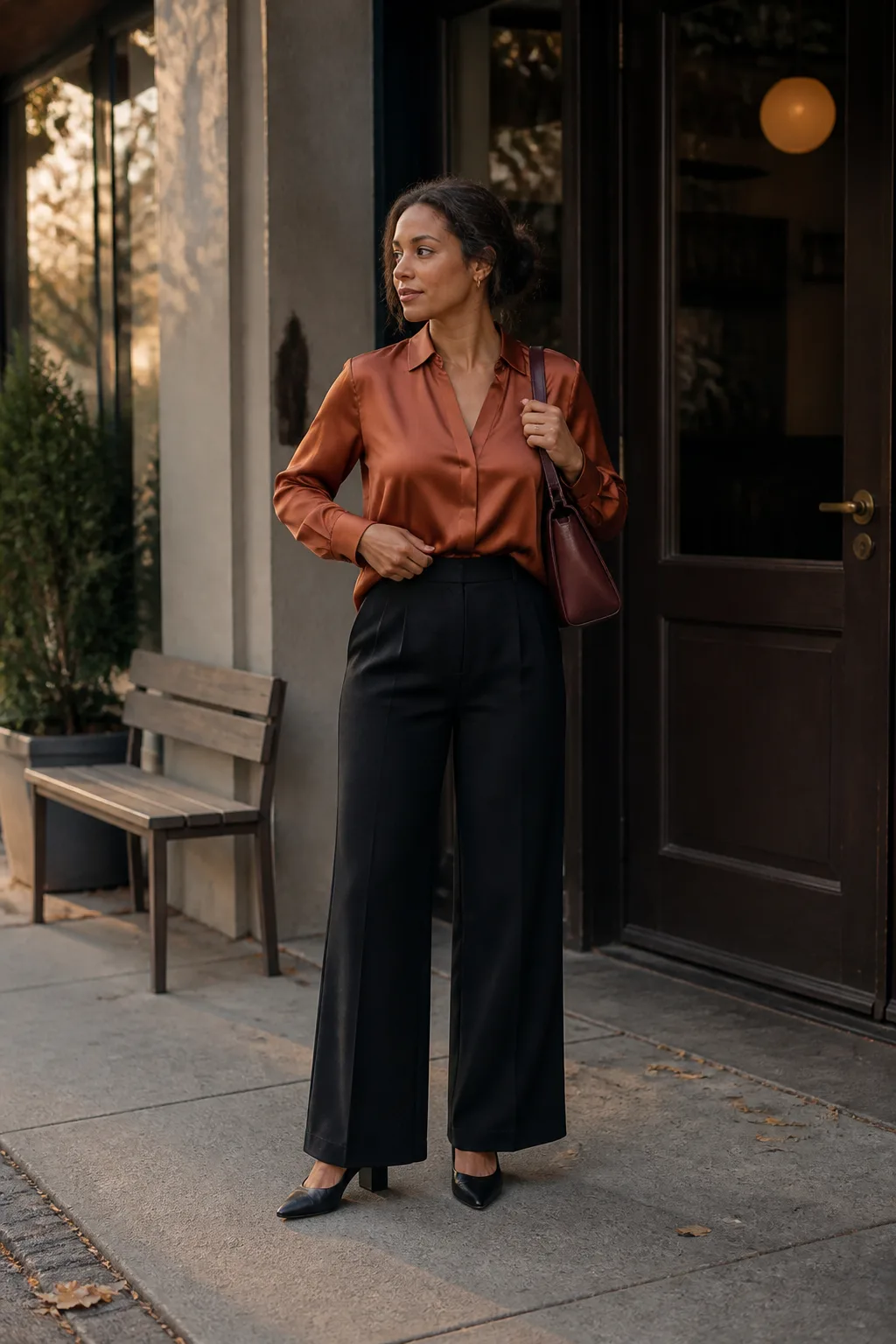 Satin Blouse with Tailored Trousers