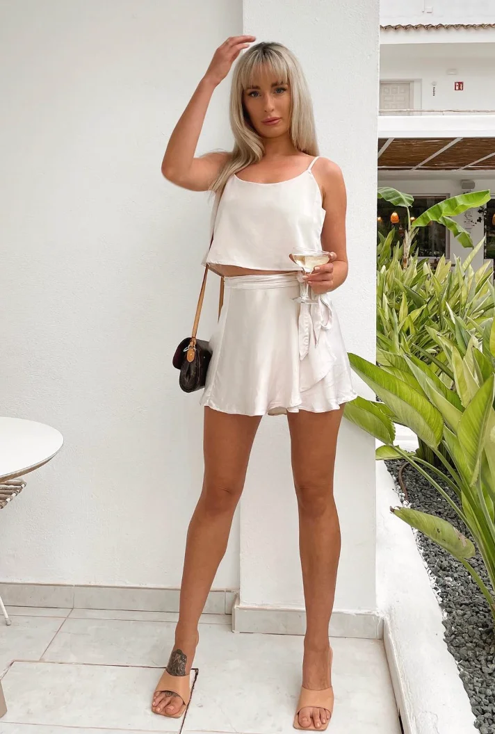 Satin Simplicity: White Cami Top + Wrap Shorts