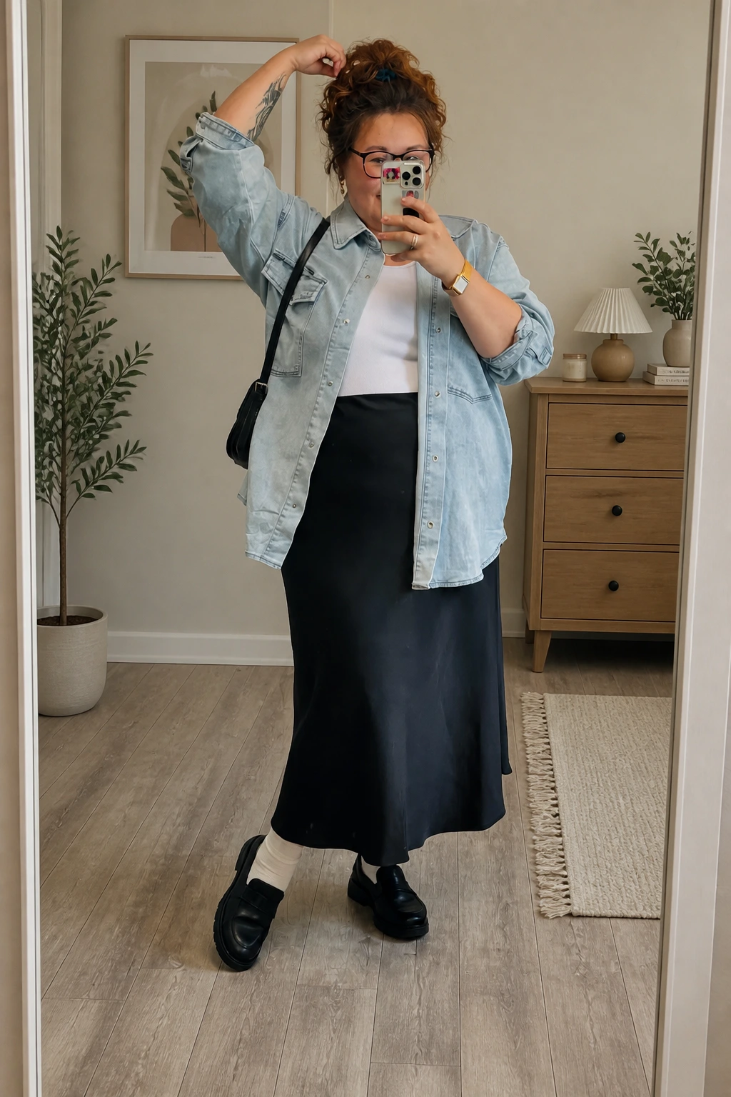 12- Satin Skirt, Denim Jacket, No Fuss