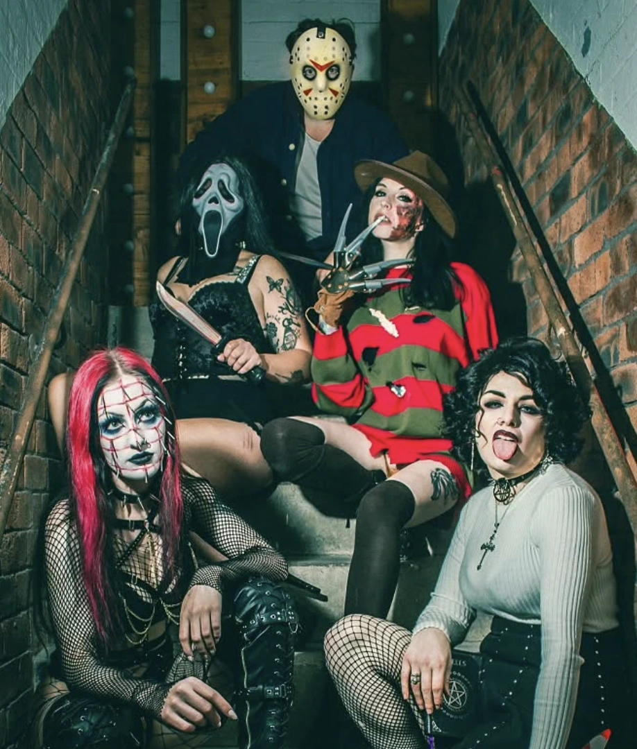 Scream Mask + Jason Voorhees Mask + Freddy Krueger Sweater + Fishnet Stockings + Gothic Costume Makeup