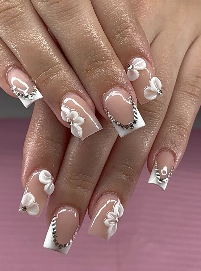 Sculpted Floral Square Tips with Rhinestone Outline