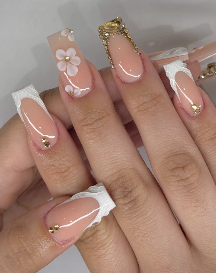 Sculpted White Floral and Jeweled Birthday Nail Designs