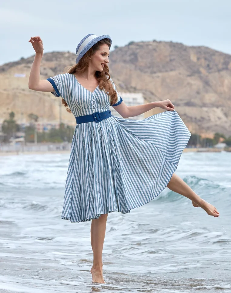 Seaside Elegance: Striped Dress + Belted Waist