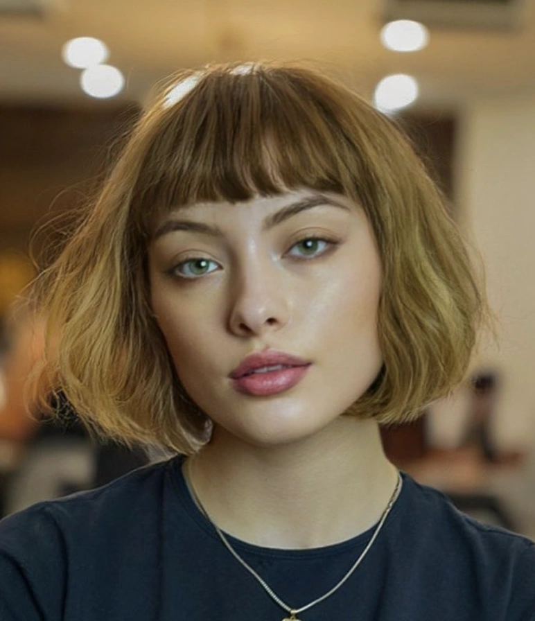 Shaggy Honey-Blonde Bob with Blunt Bangs