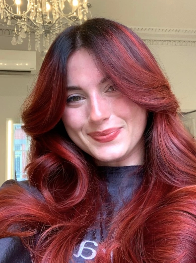 Shaggy Long Hair with Face Framing and Red Balayage