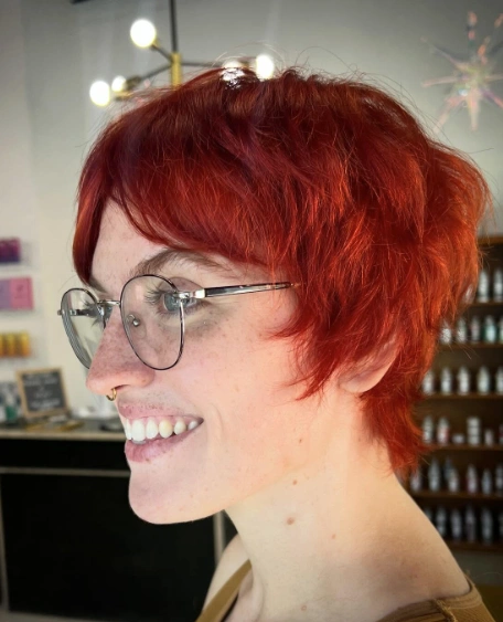 Shaggy Pixie Cut with Copper Red Hair With Highlights