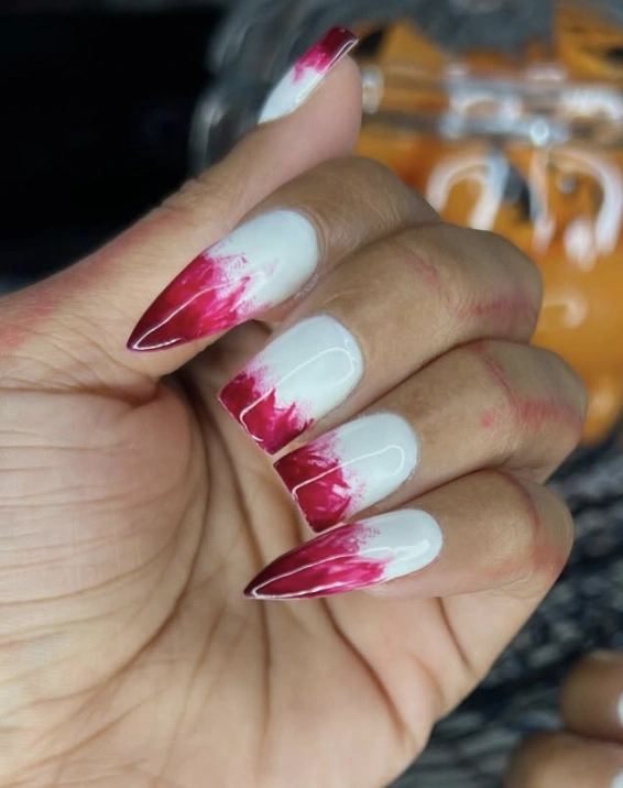 Sharp Stiletto Nails with Crimson Drip Design