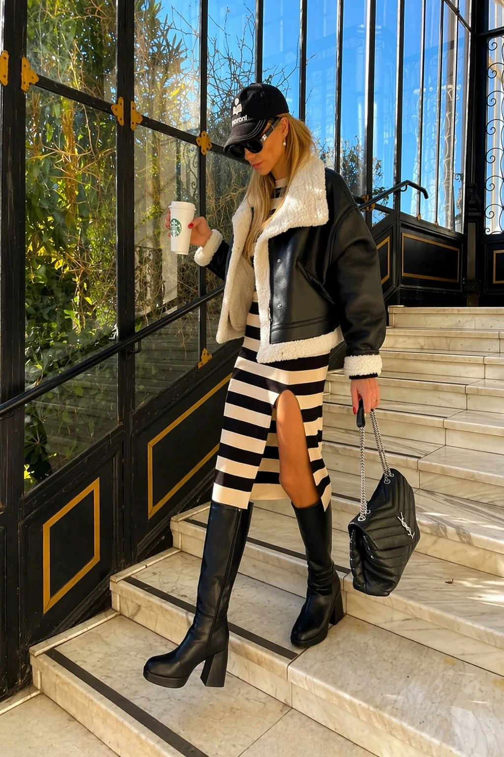 13- Shearling Jacket and Striped Midi Skirt
