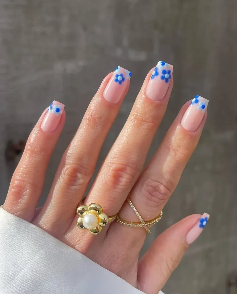 2- Sheer Short Nails With Tiny Blue Flowers