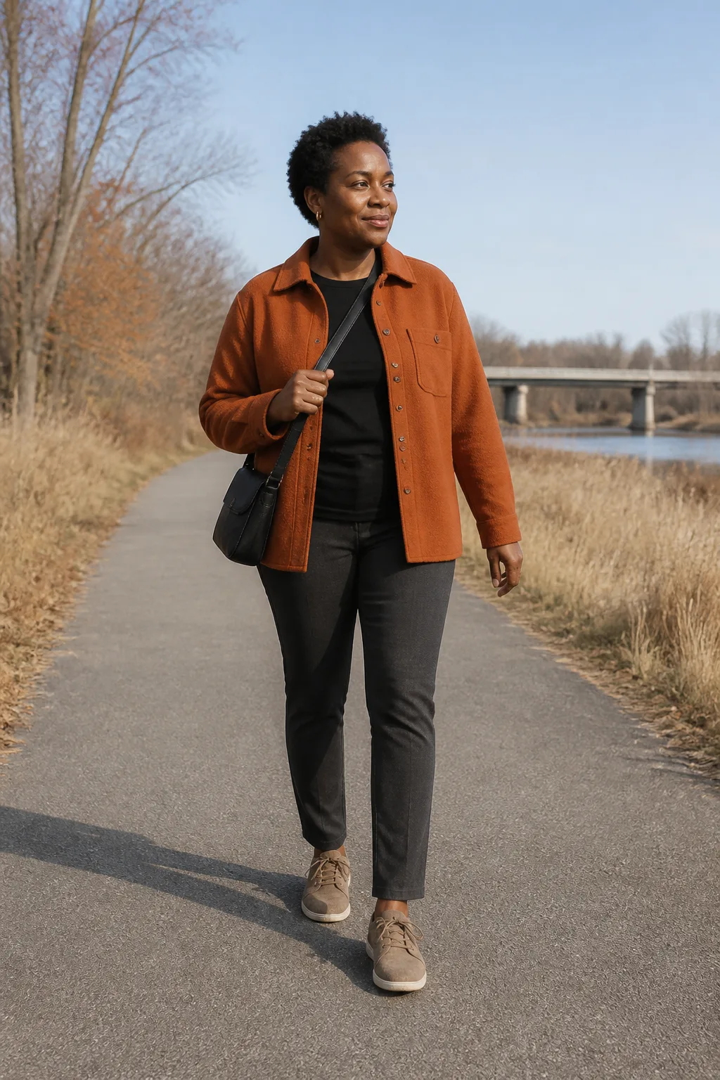 Shirt Jacket, Ponte Trousers, and Suede Sneakers