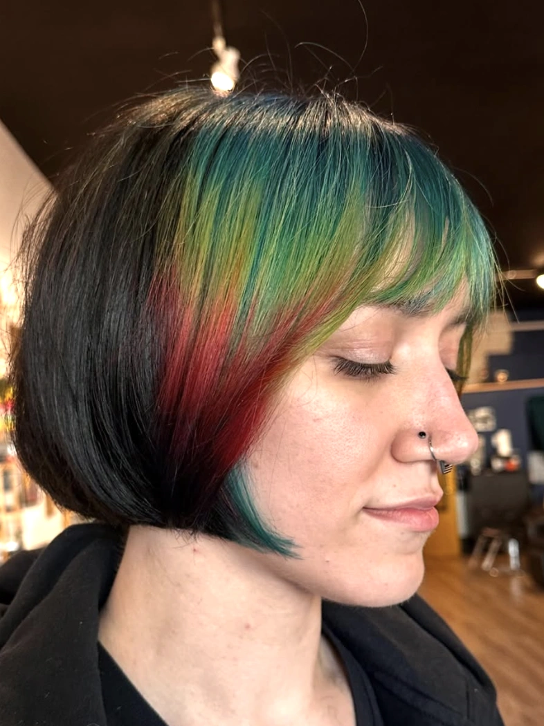 Short Stacked Bob with Rainbow Fringe Bangs