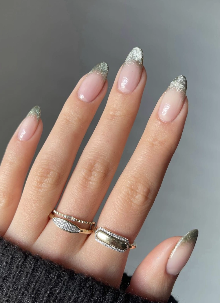 Silver Glitter French Tips on Almond Nails