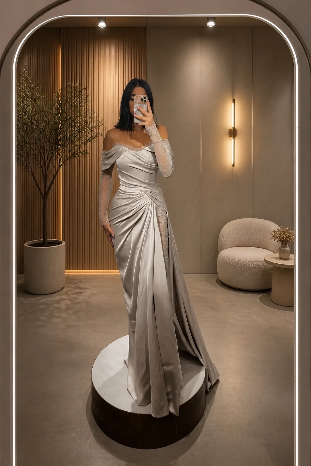 1- Silver Off-Shoulder Ruched Gown