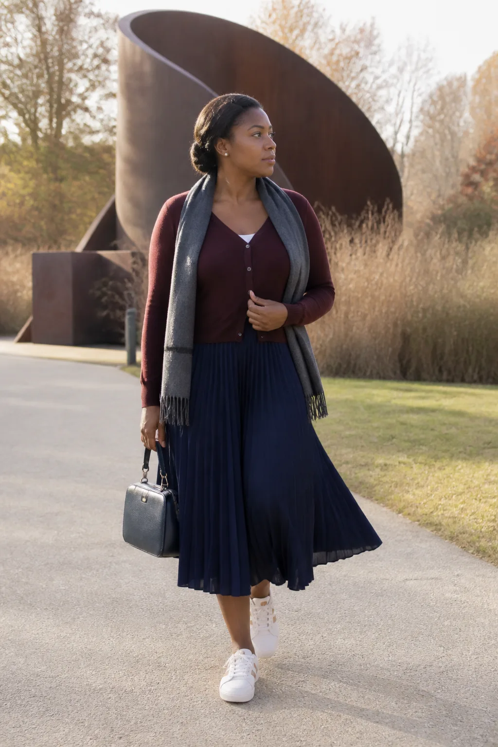Silver Sambas with a Navy Pleated Skirt