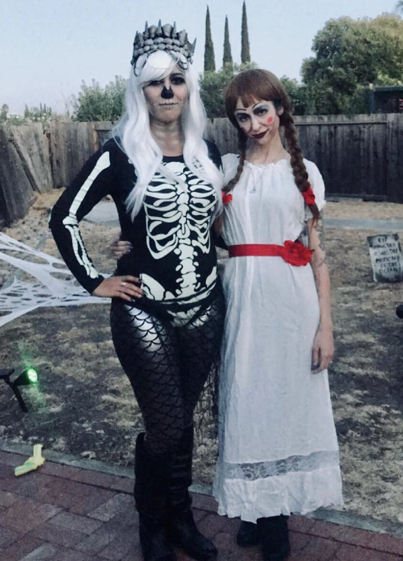 Skeleton Bodysuit + Metallic Scale Leggings + Witch Crown + Creepy Doll Dress + Red Ribbon Headband
