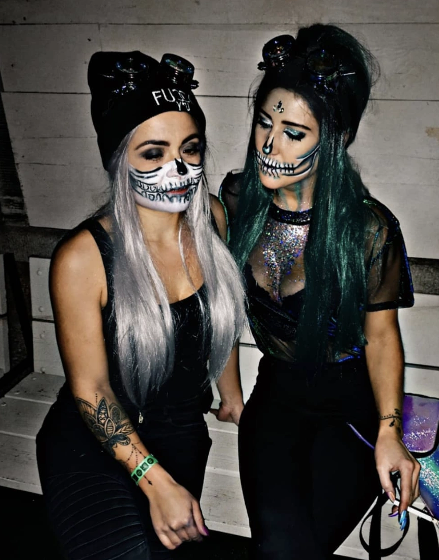 Skeleton Makeup + Black Bodysuit + Green Wig + Silver Beanie + Statement Earrings