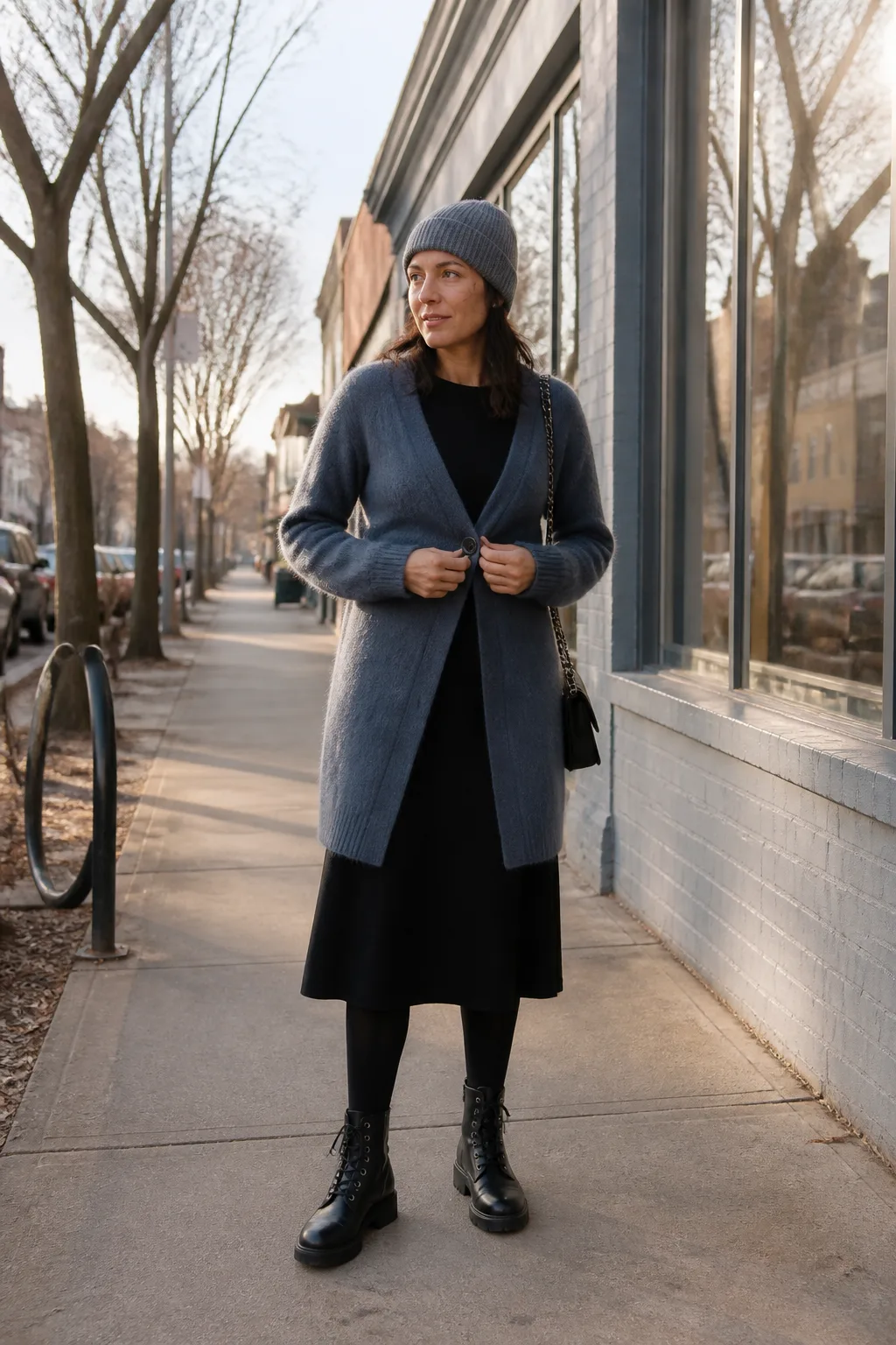Slate Blue Cardigan with Black Jersey Dress