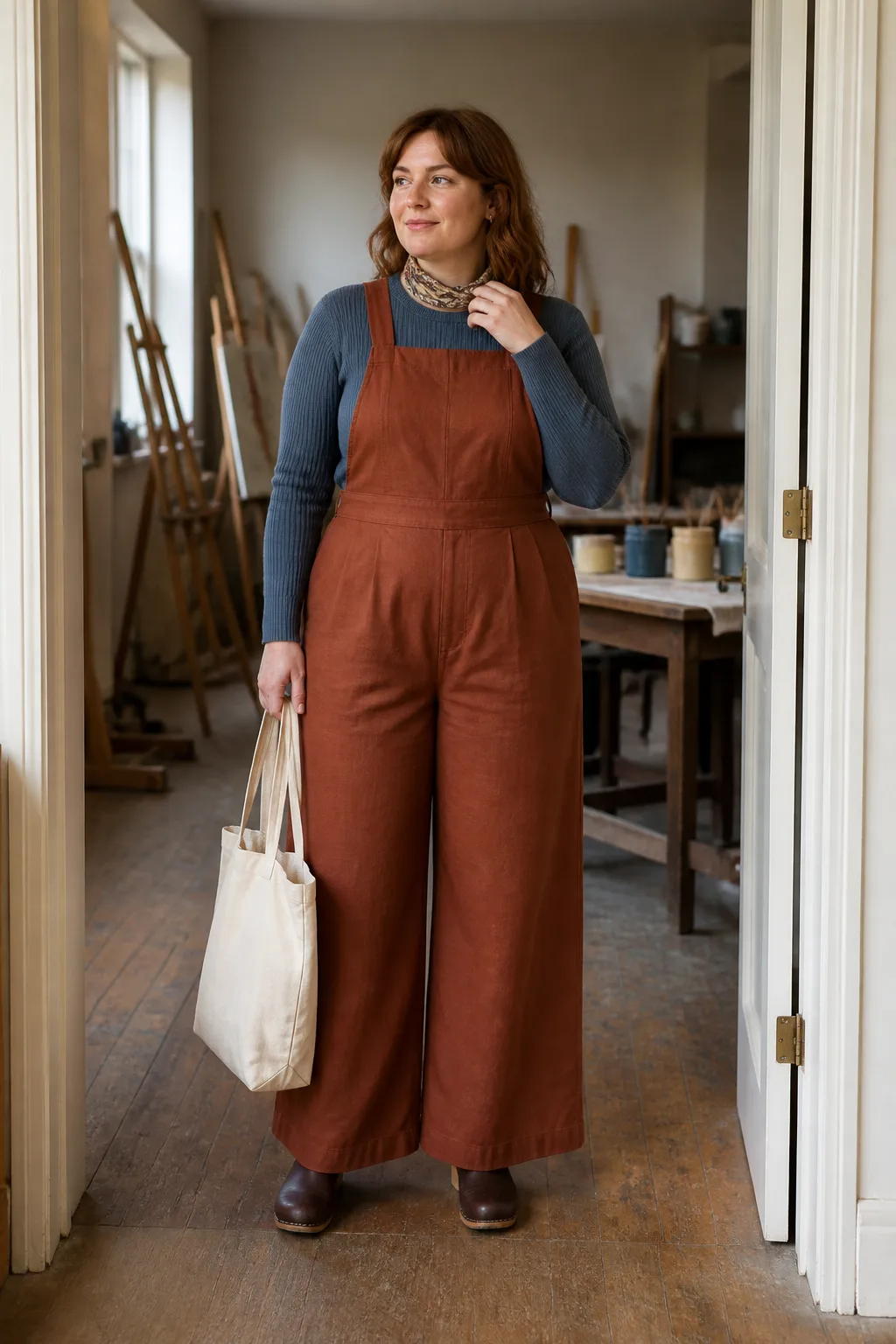 Slate Blue Sweater with a Pleated Jumpsuit