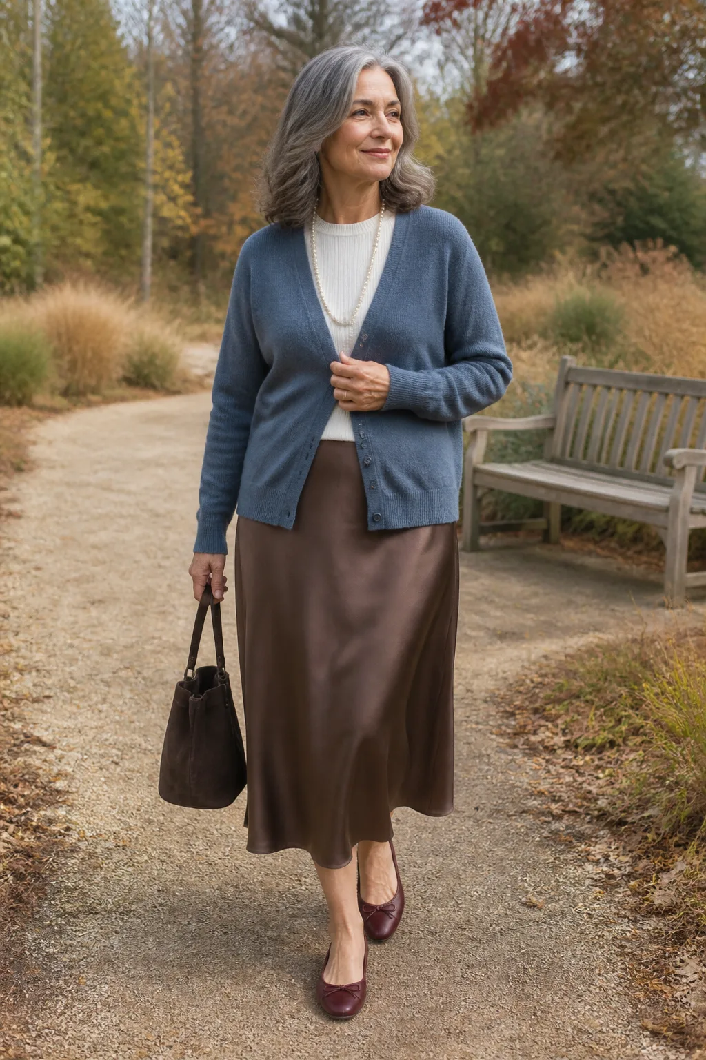 Slate Cardigan, Satin Midi Skirt, and Ballet Flats