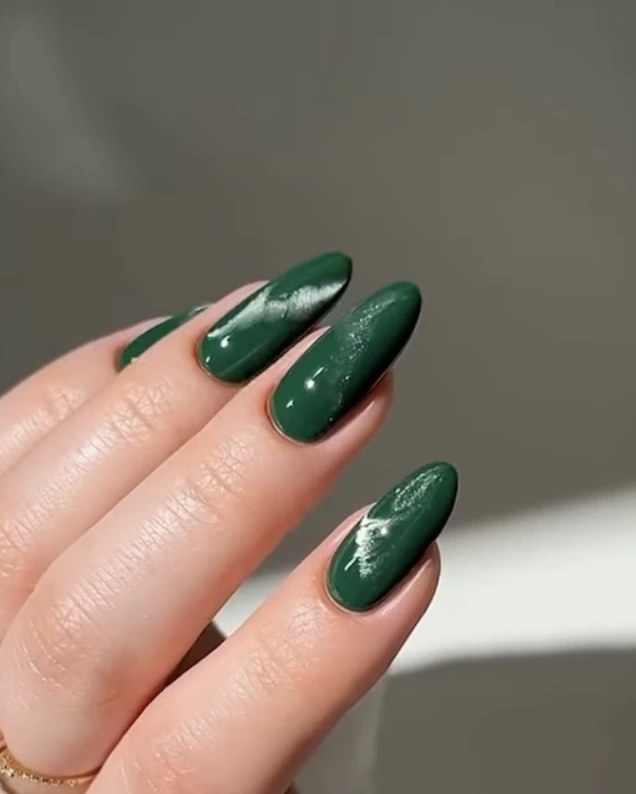 Sleek Almond Nails in Deep Olive Green with Subtle Shimmer
