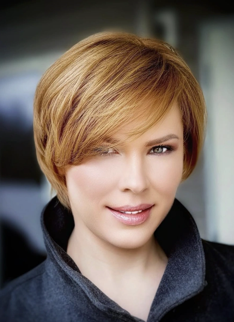 Sleek Layered Copper Blonde Long Pixie with Side-Swept Bangs