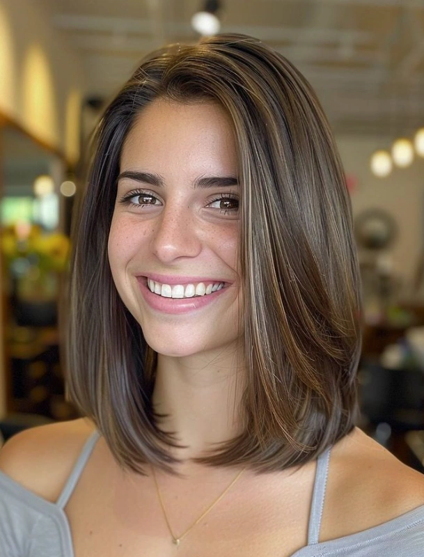 Sleek Layered Lob with Bronde Highlights – Hairstyles for Thick Hair