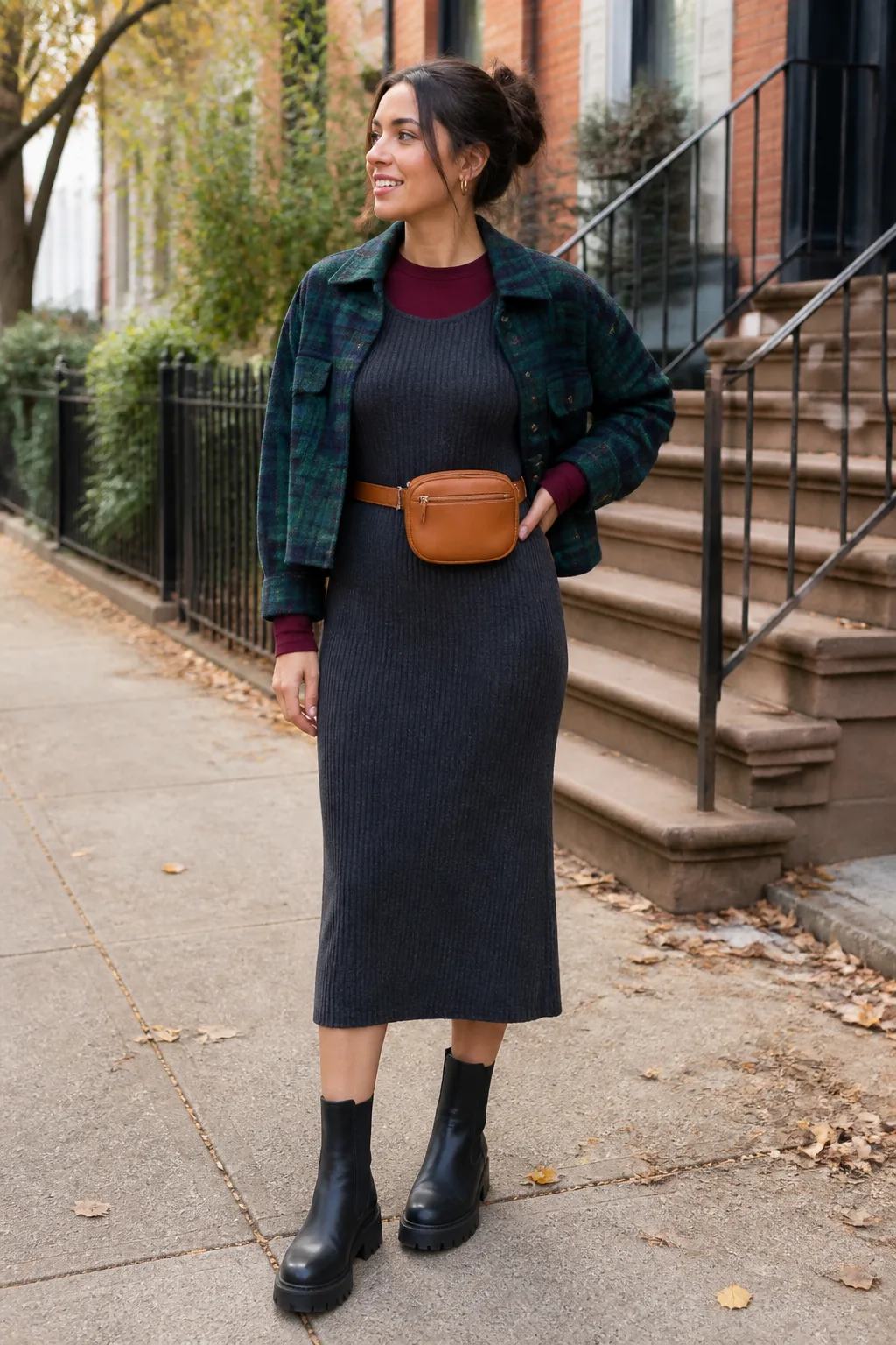 Sleeveless Knit Dress with Plaid Shirt Jacket