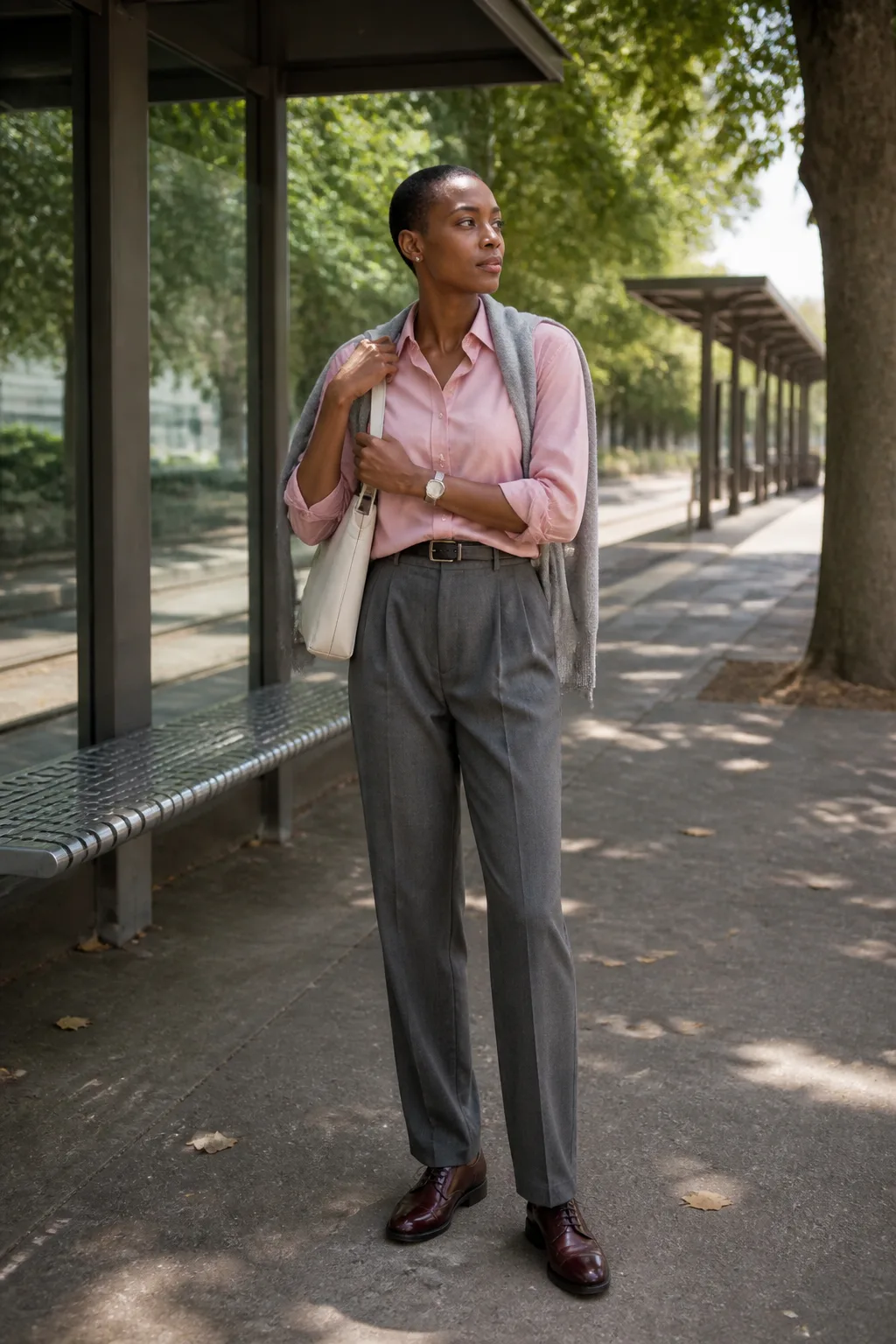 Soft Pink Shirt with Gray Trousers