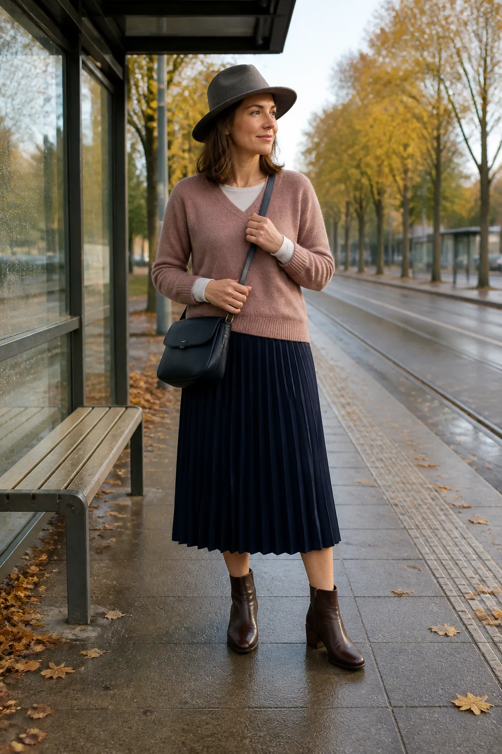 Soft Pink Sweater with Navy Pleated Skirt