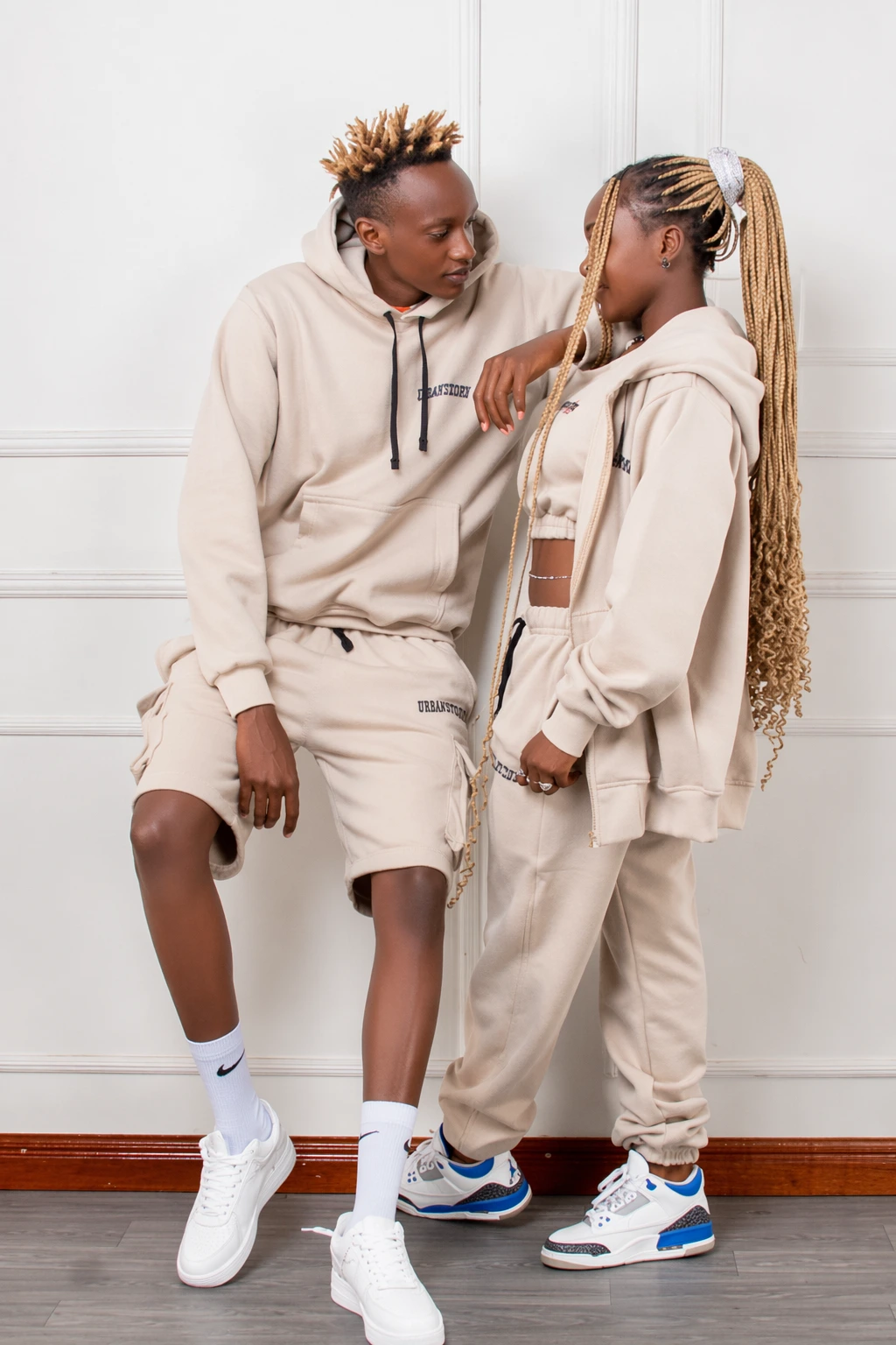 Sporty Chic: Matching Beige Hoodies + Shorts