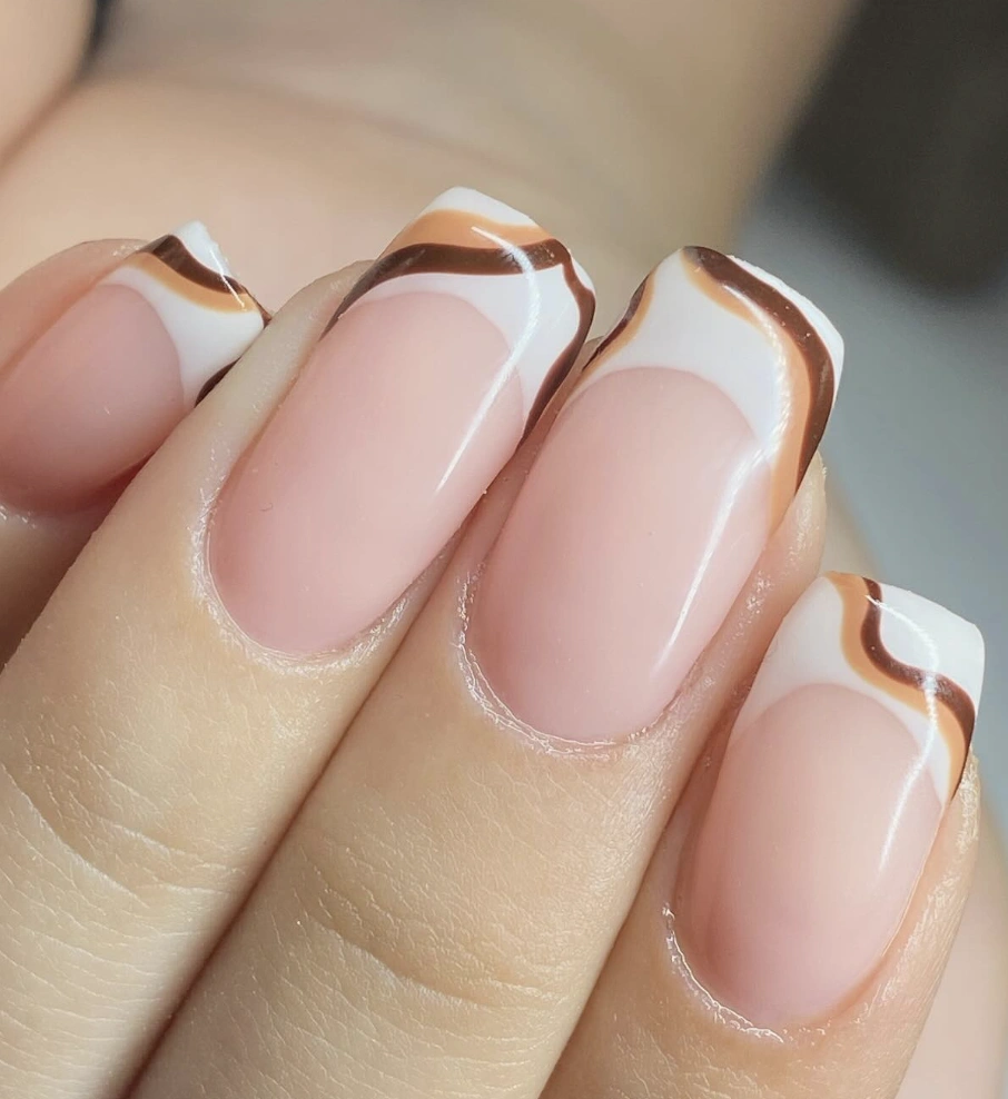 Square Fall Nails French Tip with Warm Brown Swirls and Glossy Finish