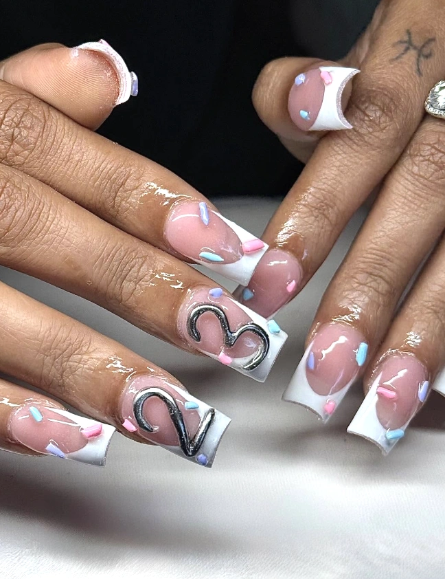 Square French Manicure with Pastel Sprinkles and Silver “23” Charms