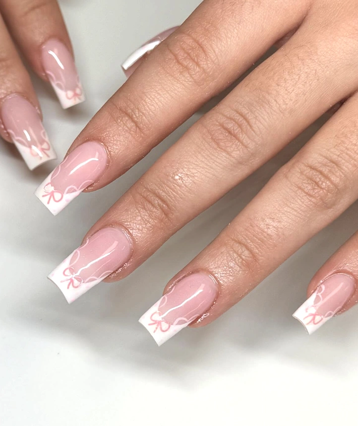 Square French Manicure with Pink Bow Nail Art