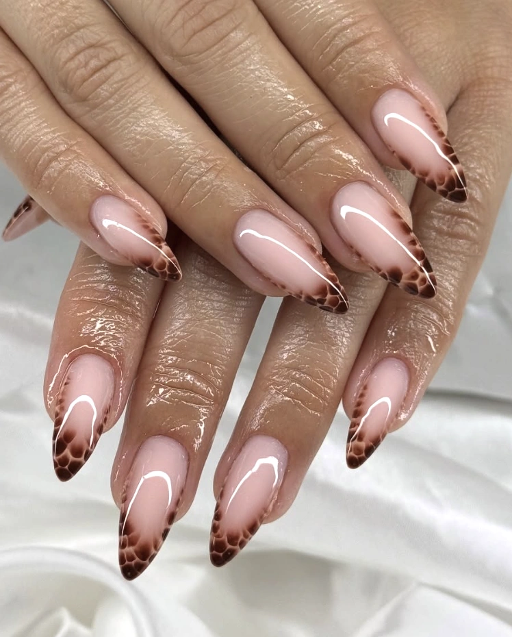 Stiletto French with Brown Polka Dot Detail