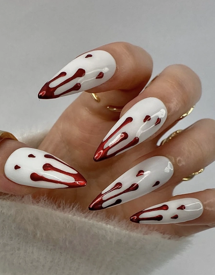 Stiletto Nails in White with Dripping Blood Design