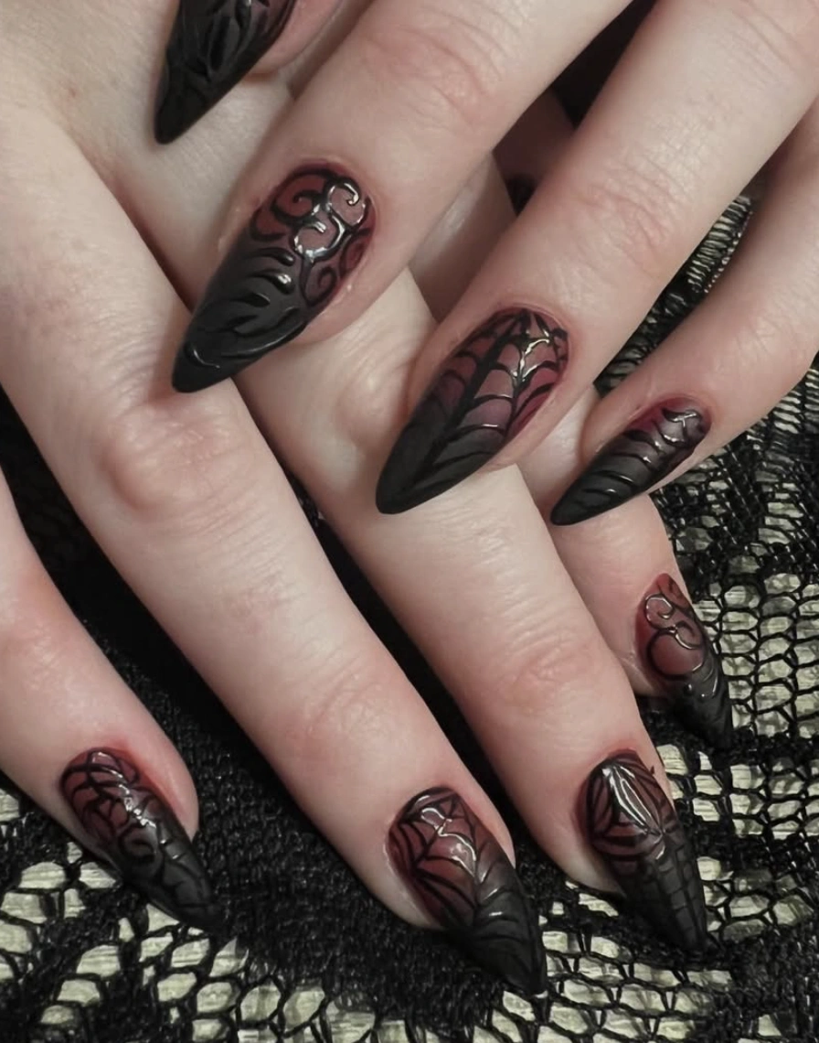 Stiletto Nails with Black Lace and Spiderweb Detailing
