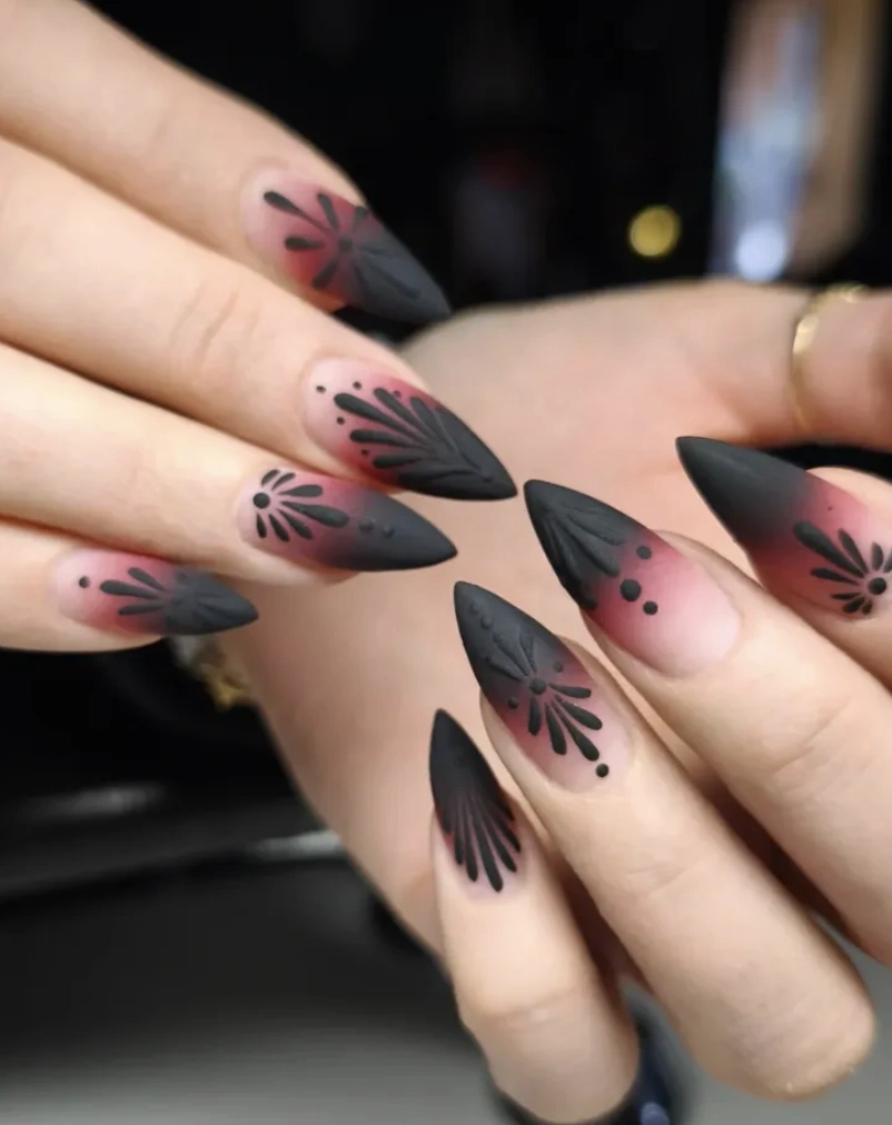 Stiletto Ombre Nails with Matte Black Floral Detail