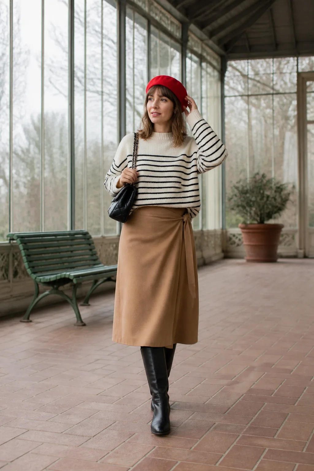 Striped Breton Sweater with Camel Wool Skirt
