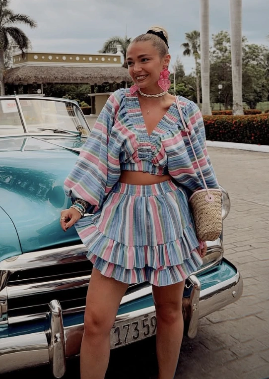 Striped Crop Top + Ruffled Mini Skirt + Raffia Bag