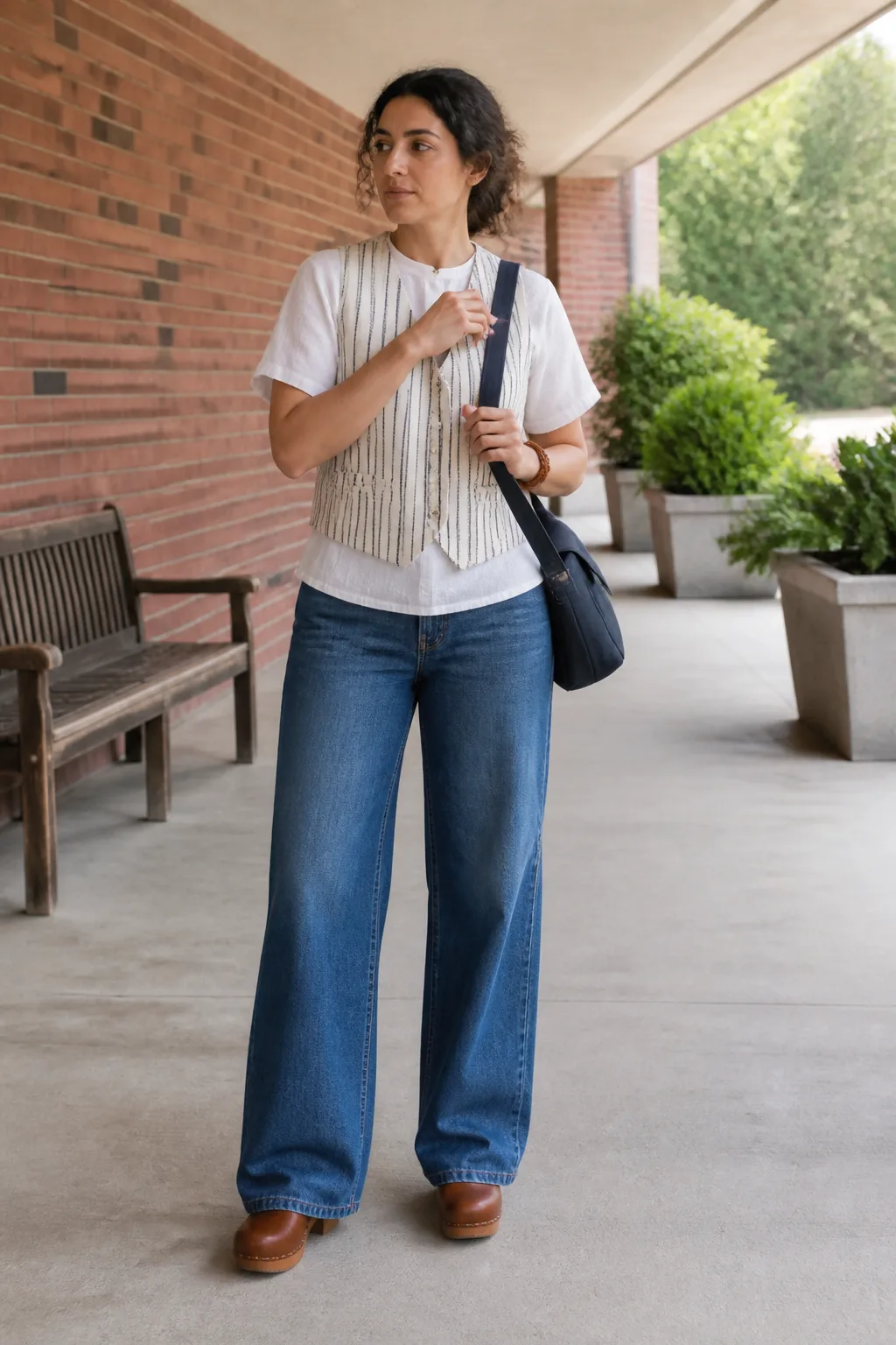 Striped Linen Vest with Wide-Leg Jeans