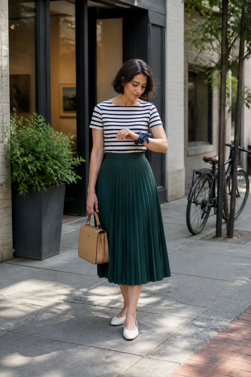 Striped Tee with Pleated Midi Skirt