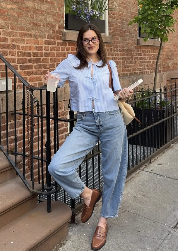 Striped Tie-Front Top + Wide Leg Jeans + Leather Loafers