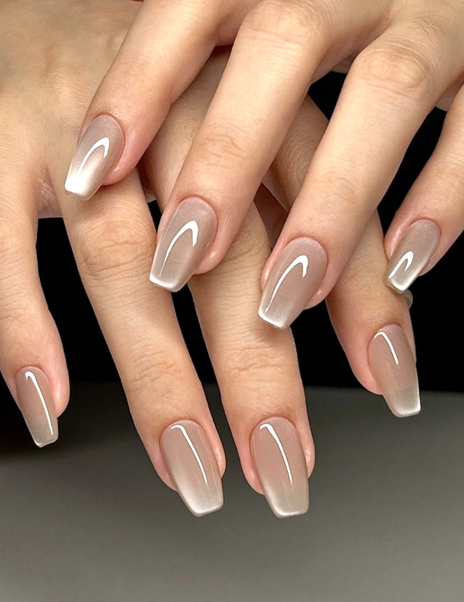 Subtle Taupe Coffin Nails with White Cat Eye French Tips