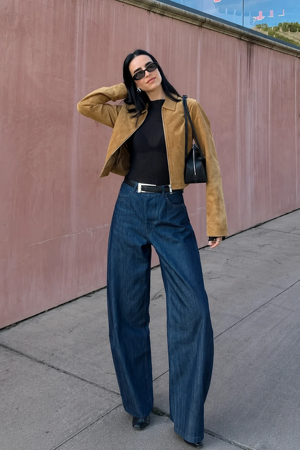 Suede Jacket + Black Ribbed Top + Baggy Wide Leg Jeans