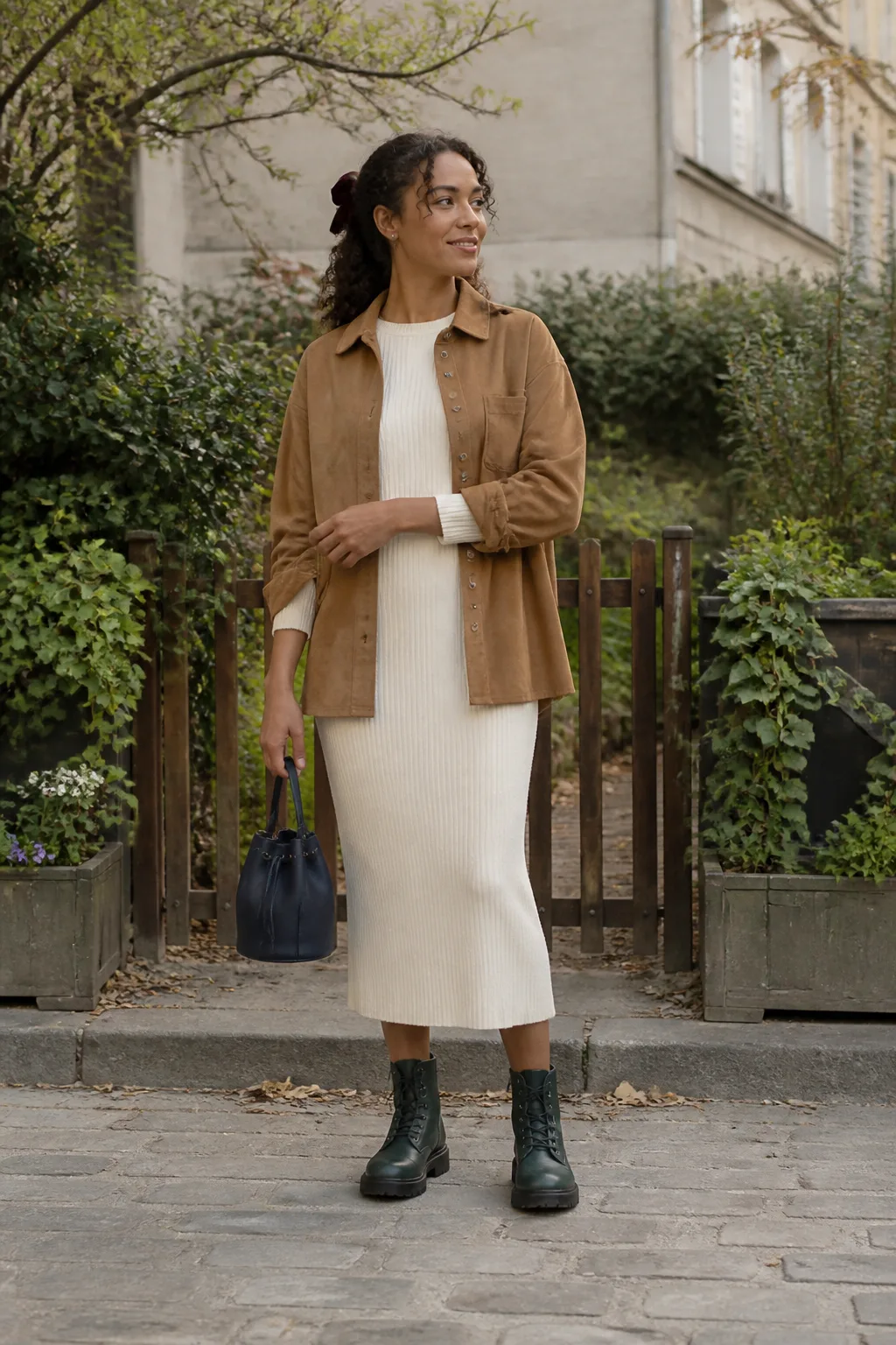 Suede Overshirt with Ivory Knit Dress