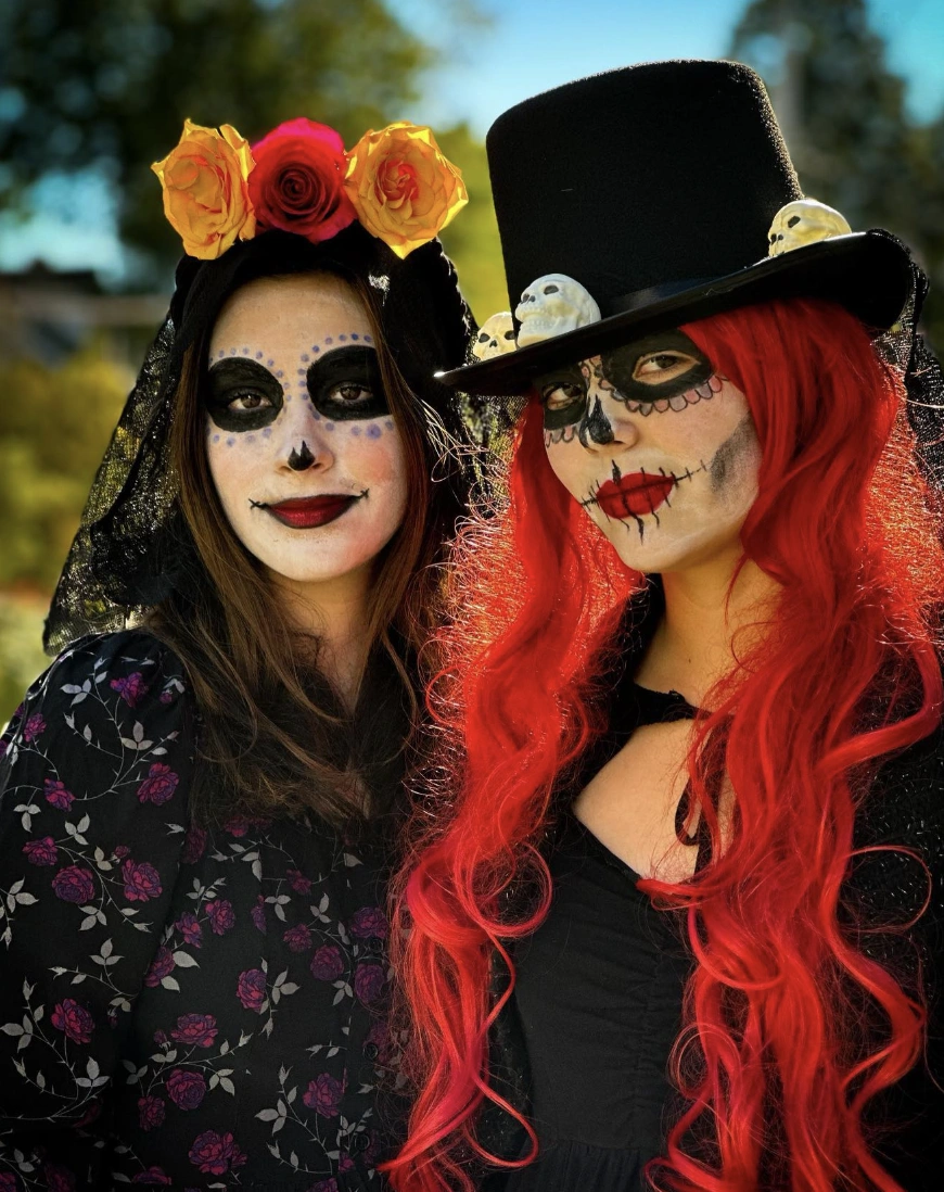 Sugar Skull Dress + Black Lace Veil + Red Wig + Top Hat + Floral Headpiece