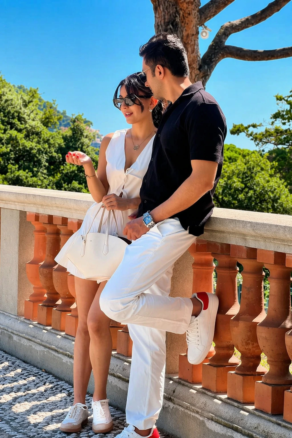 Summer Elegance: Black Polo + White Pants + White Dress