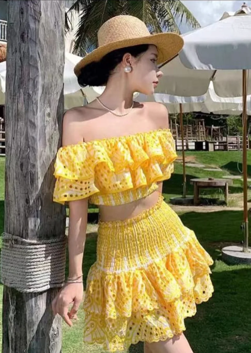 Sunshine Chic: Yellow Off-Shoulder Top + Ruffled Skirt