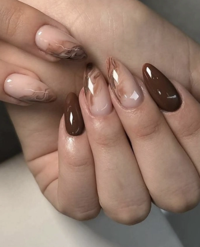 Swirled Nude and Chocolate Brown Almond-Shaped Nails